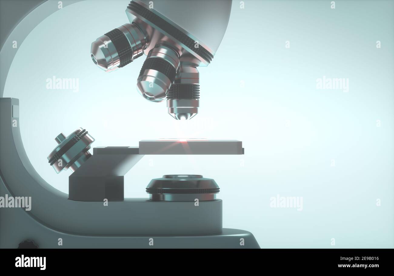 Microscopio óptico de electrones. Instrumento de laboratorio con ruta de corte incluida. Foto de stock