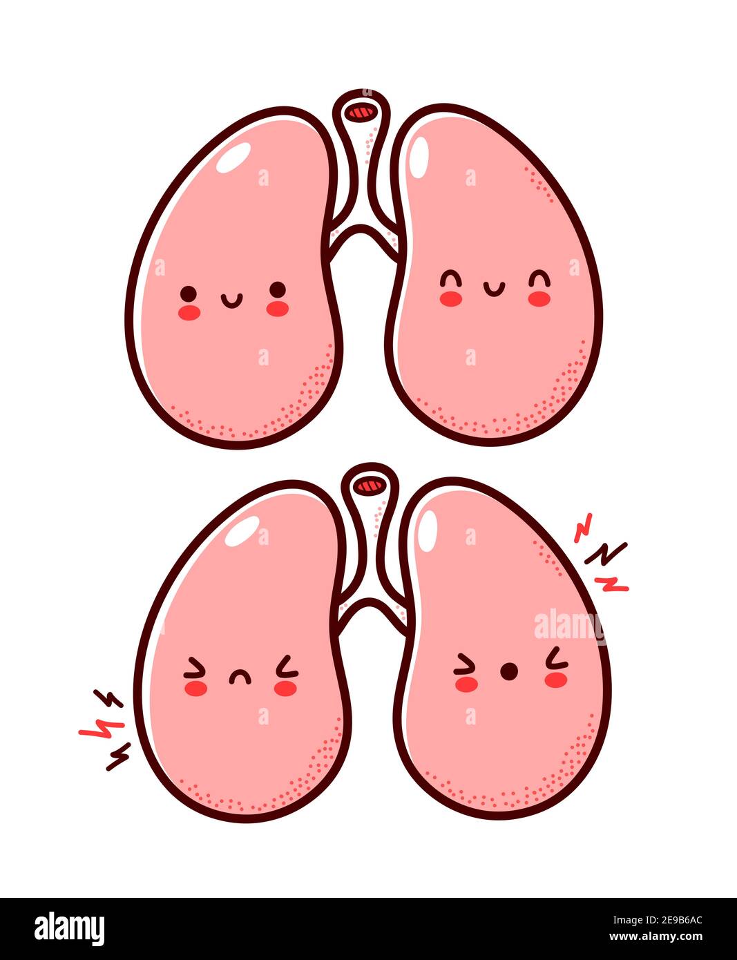 Lindo sano y enfermo triste divertido órgano de los pulmones humanos carácter. Vector línea plana dibujos animados kawaii personaje ilustración icono. Aislado sobre fondo blanco. Pulmones con carácter de cara mascota concepto Lindo sano y enfermo triste divertido órgano de los pulmones humanos carácter. Vector línea plana dibujos animados kawaii personaje ilustración icono. Aislado sobre fondo blanco. Pulmones con carácter de cara mascota concepto