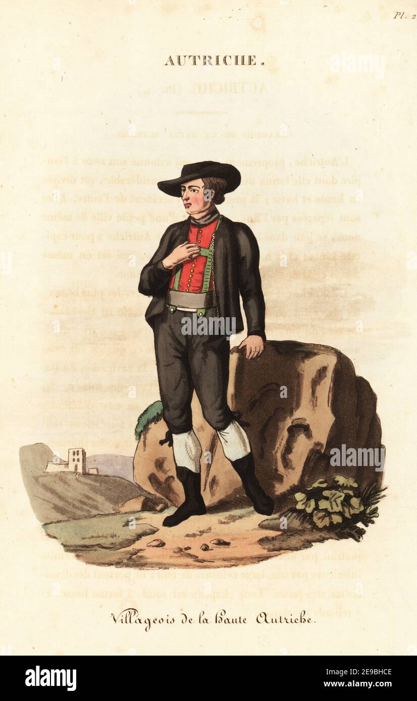 Hombre de Alta Austria, siglo 18. En sombrero de ala ancha, chaqueta  oscura, chaleco rojo, tirantes verdes, cinturón de cuero, pantalones de  cuero negro y pepinzones. Villageois de la Haute Autriche. Grabado