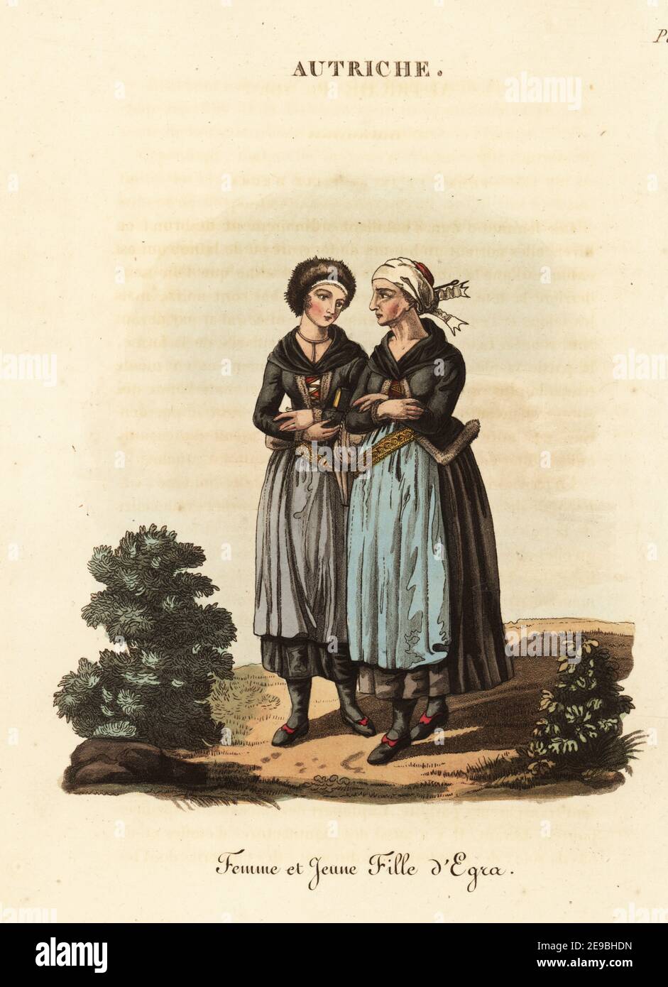Mujer y niña de Cheb o Eger, Bohemia (República Checa) en vestido de  invierno, siglo 18. La mujer en gorro de lana con banda de muselina, ropa  de lana marrón, guillotina ornamentada,