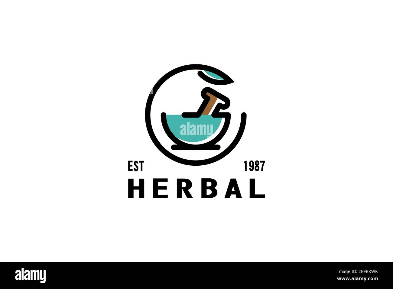 Logotipo de la medicina tradicional a base de hierbas, cuenco y el icono del péstle en línea arte concepto de diseño vintage, moderna y elegante Marca de identidad. Ilustración del Vector