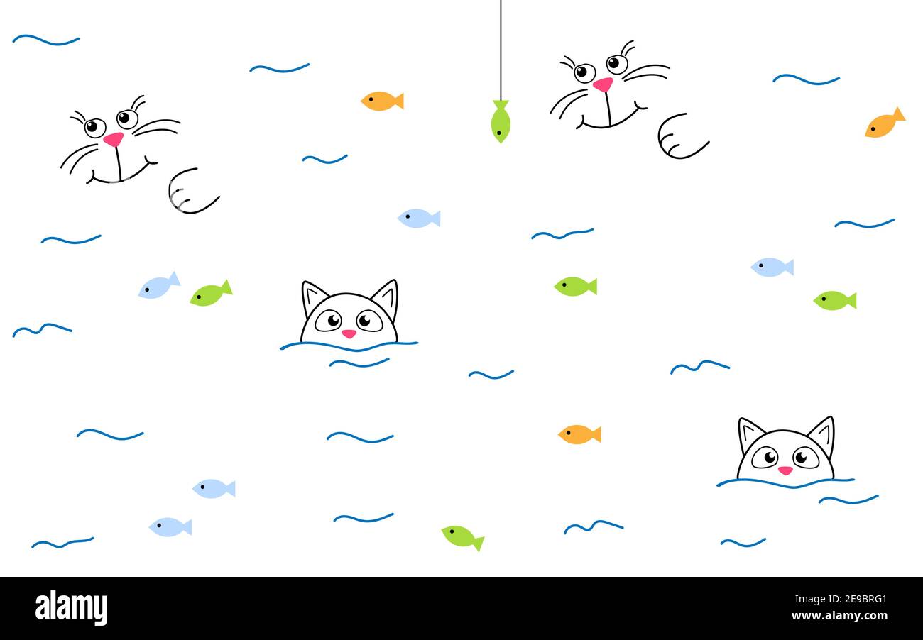 Lindo gato nadaba en el río y pescan peces. Patrón sin costuras con cara  gatos. Se utiliza para el fondo o para imprimir en tela. Ilustración de  dibujos animados vectoriales Imagen Vector