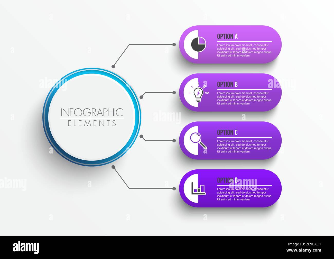 Diagrama de flujo con 4 elementos blancos de papel redondo conectados al círculo principal. Concepto de cuatro objetivos empresariales principales de la empresa. Diseño infográfico moderno Ilustración del Vector