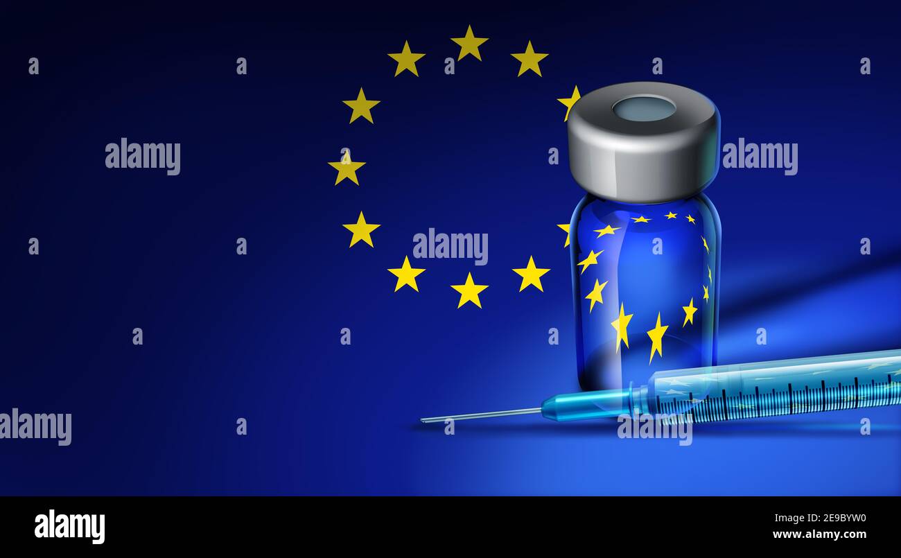 Unión Europea vacunación prevención de enfermedades con una vacuna y Europa o la UE distribución de vacunas para la gripe y el tratamiento para covid-19. Foto de stock