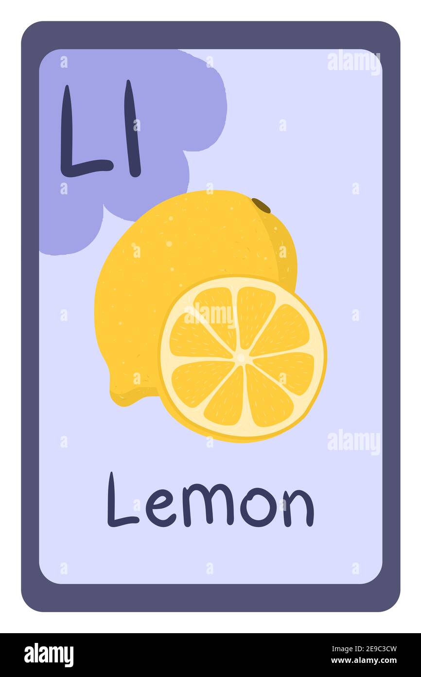 ABC educación tarjeta flash en estilo de dibujos animados sobre fondo  colorido. Letra L - limón. Cítricos amarillos. Ilustración vectorial del  alfabeto Imagen Vector de stock - Alamy