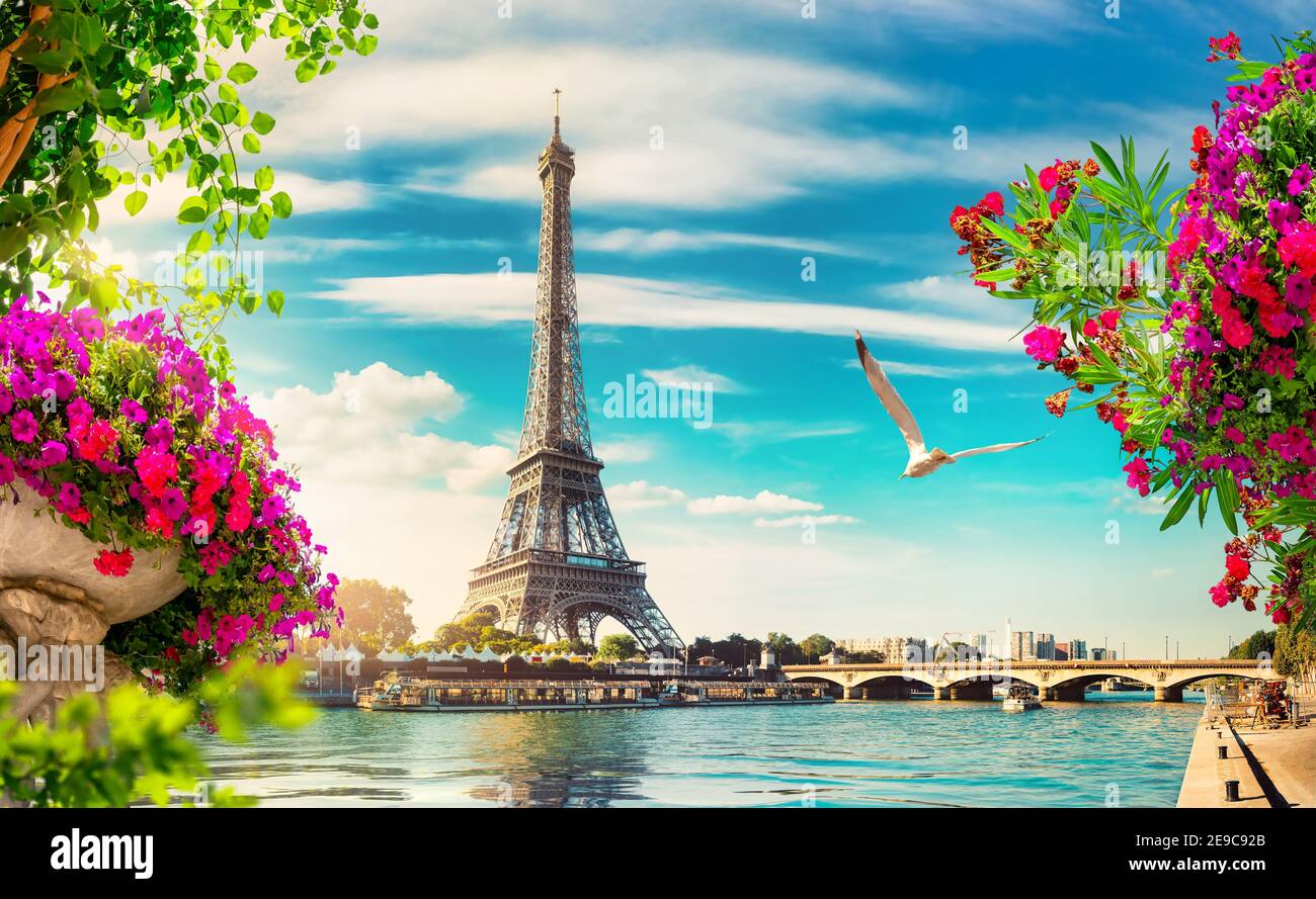Sena en París con la Torre Eiffel en el amanecer del tiempo. Foto de stock
