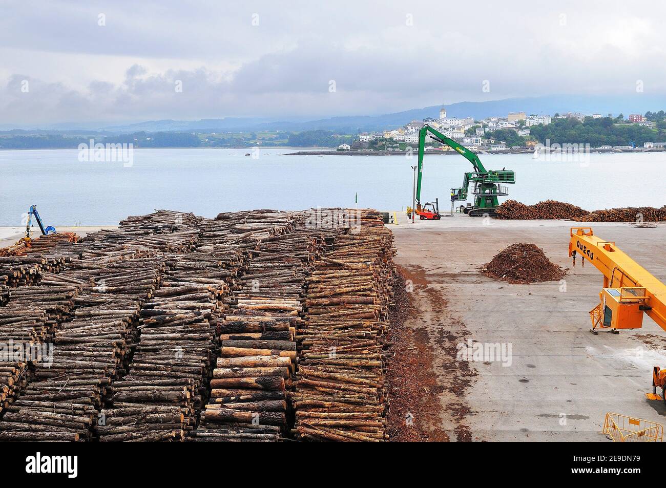 Carga de madera de pino en el puerto de Ribadeo. Provincia de Lugo. Galicia. España Foto de stock