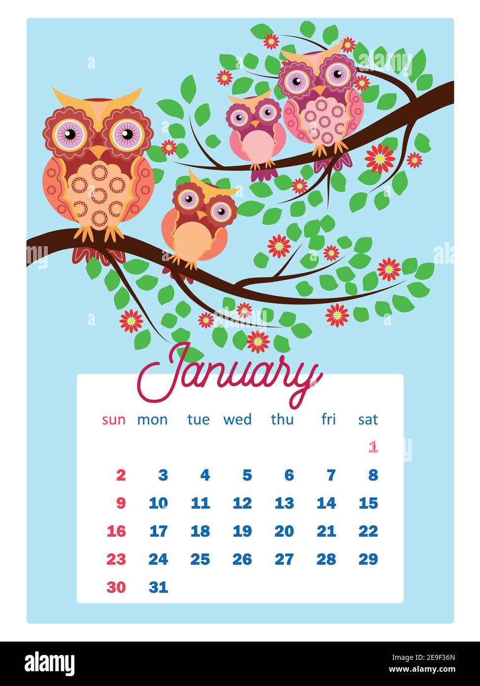Calendario 2022. Lindo calendario con divertidos búhos de dibujos animados.  Lindos búhos y pájaros para cada mes. Pared vertical calendario para 2022,  la semana comienza el domingo Imagen Vector de stock - Alamy