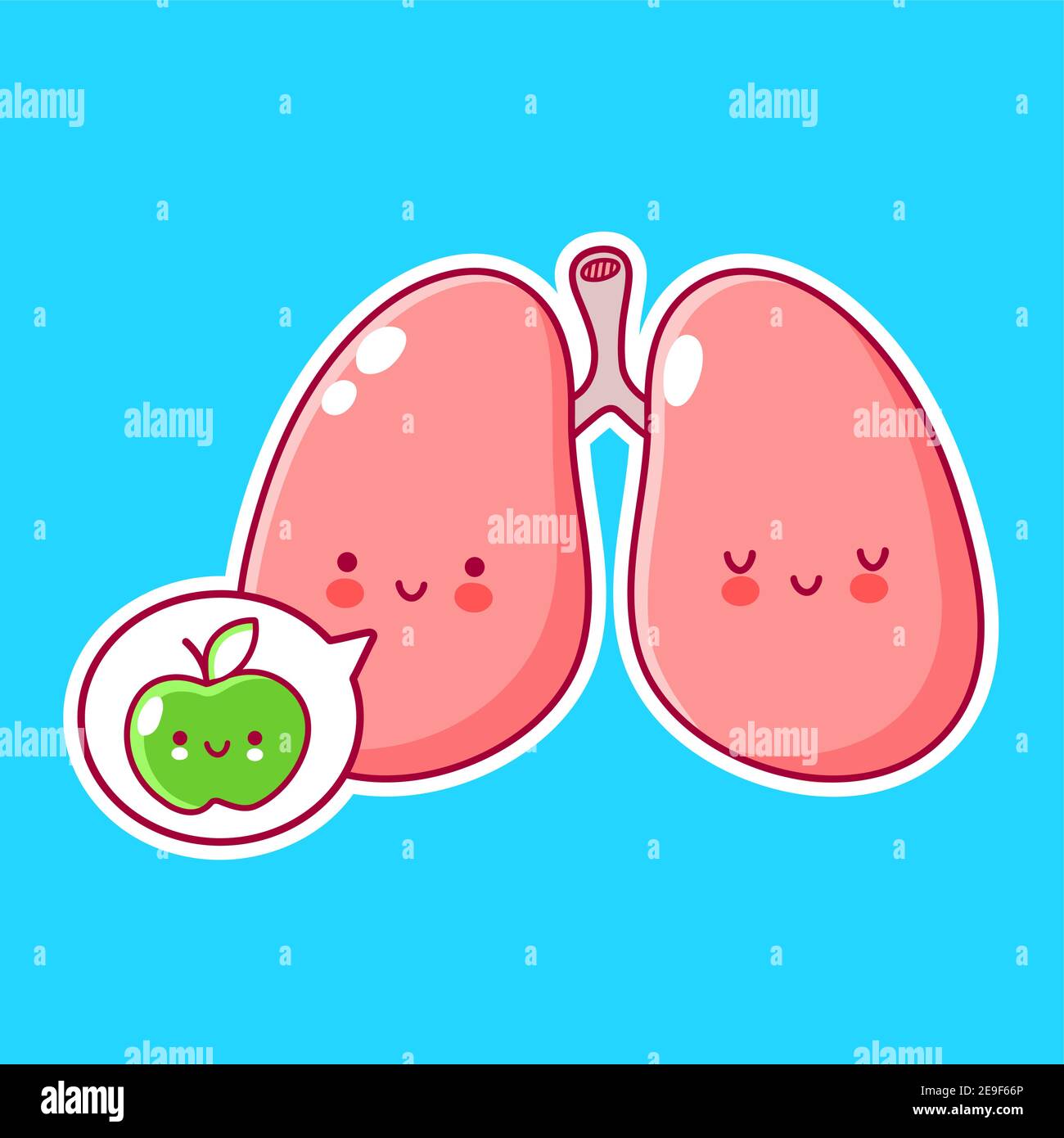 Lindo y divertido órgano de los pulmones humanos carácter con manzana en la  burbuja del habla. Vector línea plana dibujos animados kawaii personaje  ilustración icono. Concepto de carácter de órgano de los