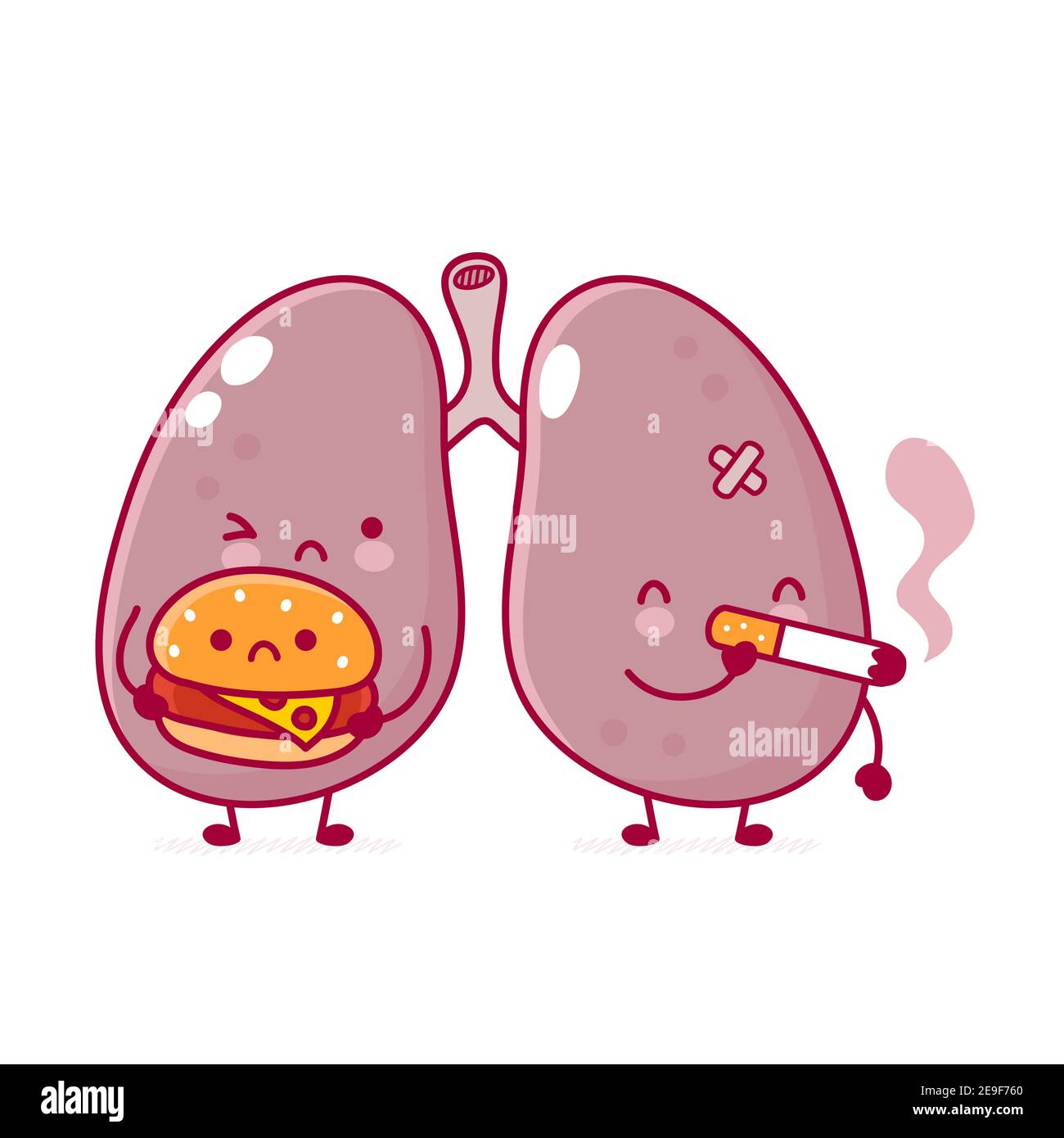 Lindo órgano de los pulmones humanos enfermo con hamburguesa y cigarrillo.  Vector línea plana dibujos animados kawaii personaje ilustración icono.  Aislado sobre fondo blanco. Concepto de carácter de órgano de los pulmones