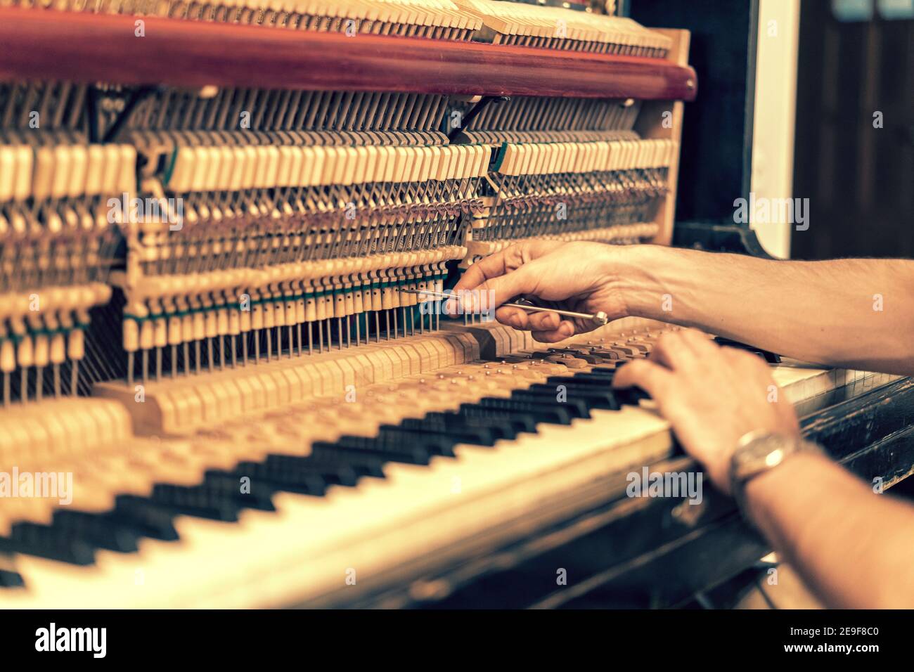 Configurando un piano viejo. El maestro repara un viejo piano. Limpieza  profunda del piano. Toned Fotografía de stock - Alamy