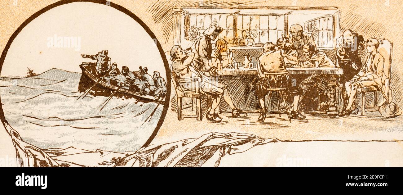 Rescate de Robinson y estancia corta en Londres, Robinson Crusoe, adoptado por J. Lohmeyer, acuarelas por Carl Marr, Leipzig alrededor de 1890 Foto de stock