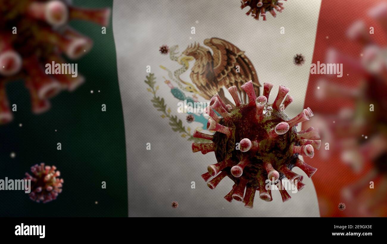 Coronavirus de la gripe flotando sobre la bandera mexicana, un patógeno