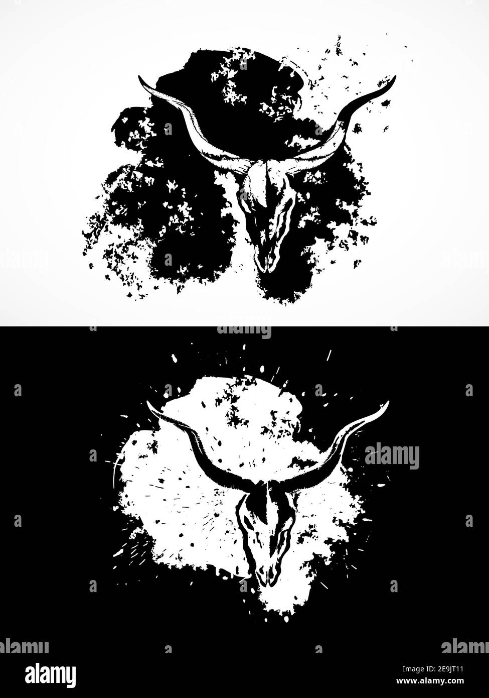 Ilustración vectorial con cráneos de antílope. Dos variantes: Siluetas en blanco y negro con textura y manchas. Para camisetas, pósters y otros Ilustración del Vector