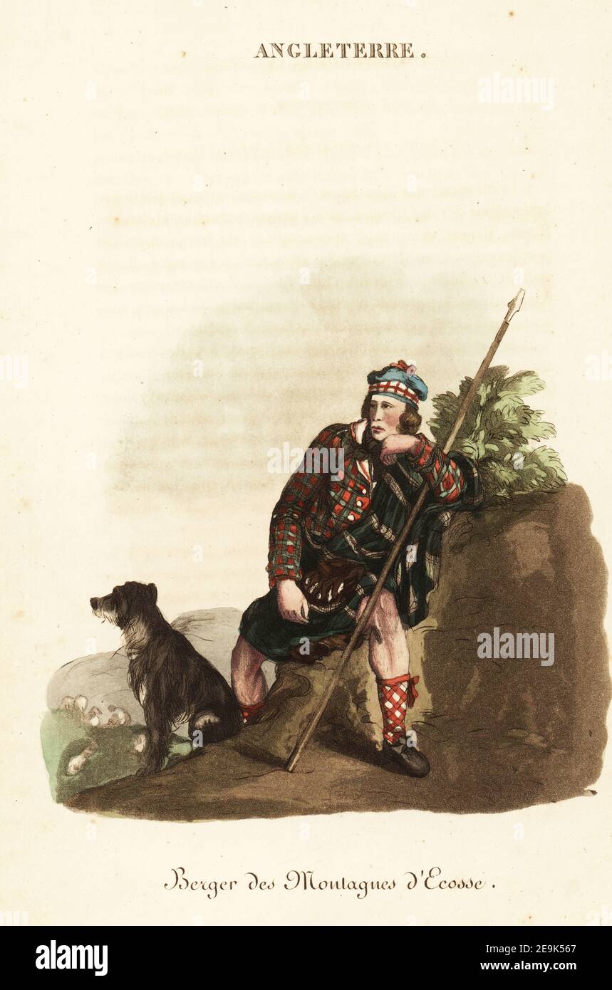 Shepherd in the Scottish Highlands, 1800. En el tam o'shanter cap, tartan  kilt con sporran, revisar medias, zapatos de cuero, con perro de oveja.  Berger des montagnes d'Ecosse. Grabado de copperplate coloreado