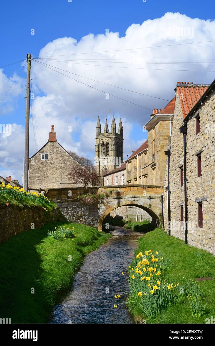 river Rye fluye por narcisos de primavera en Helmsley North Yorkshire Moors UK Foto de stock