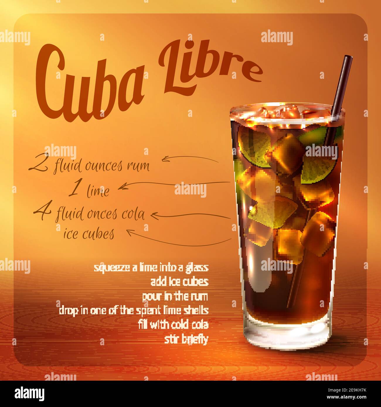 Humanista Distracción rifle Cuba libre receta de cóctel con bebida en vaso con bebida paja sobre fondo  marrón vector ilustración Imagen Vector de stock - Alamy