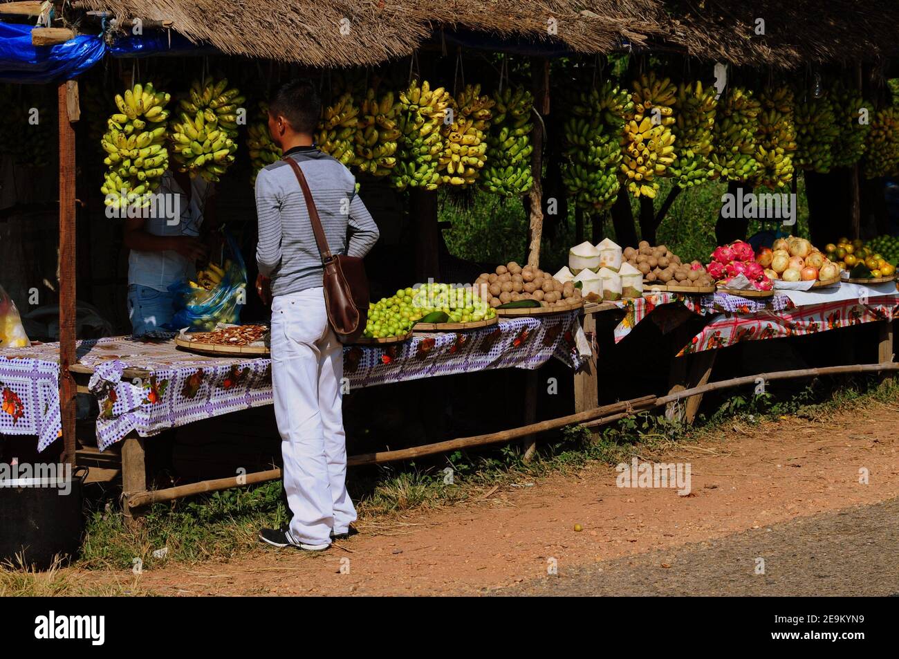 El turista compra frutas y verduras frescas en un puesto de mercado en Vieng Vang, Laos Foto de stock