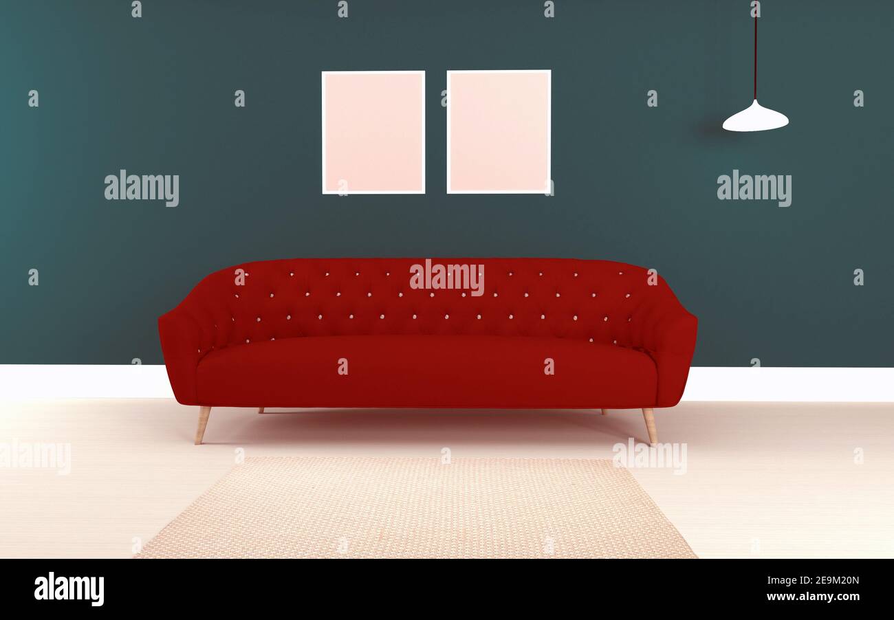 Representación 3D de un sofá rojo en una habitación con paredes de color  verde oscuro con marcos en el Fotografía de stock - Alamy