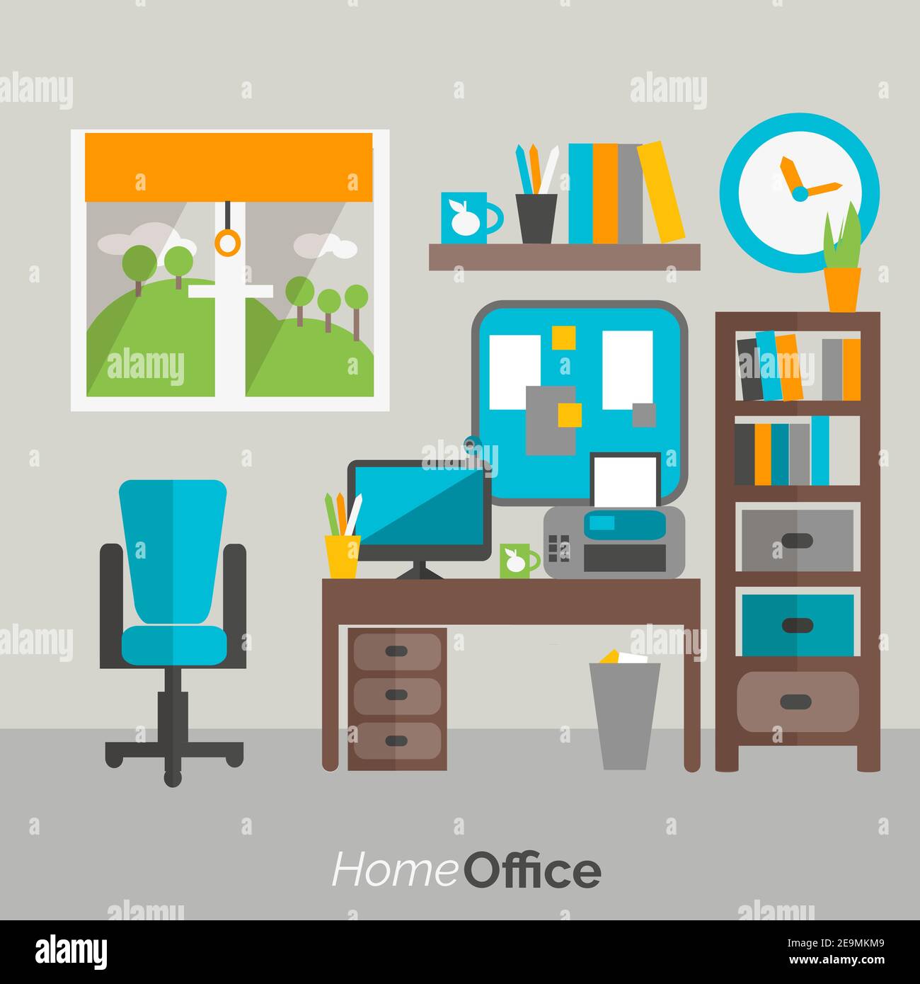 Oficina con escritorio y accesorios planos para trabajar ilustración  vectorial