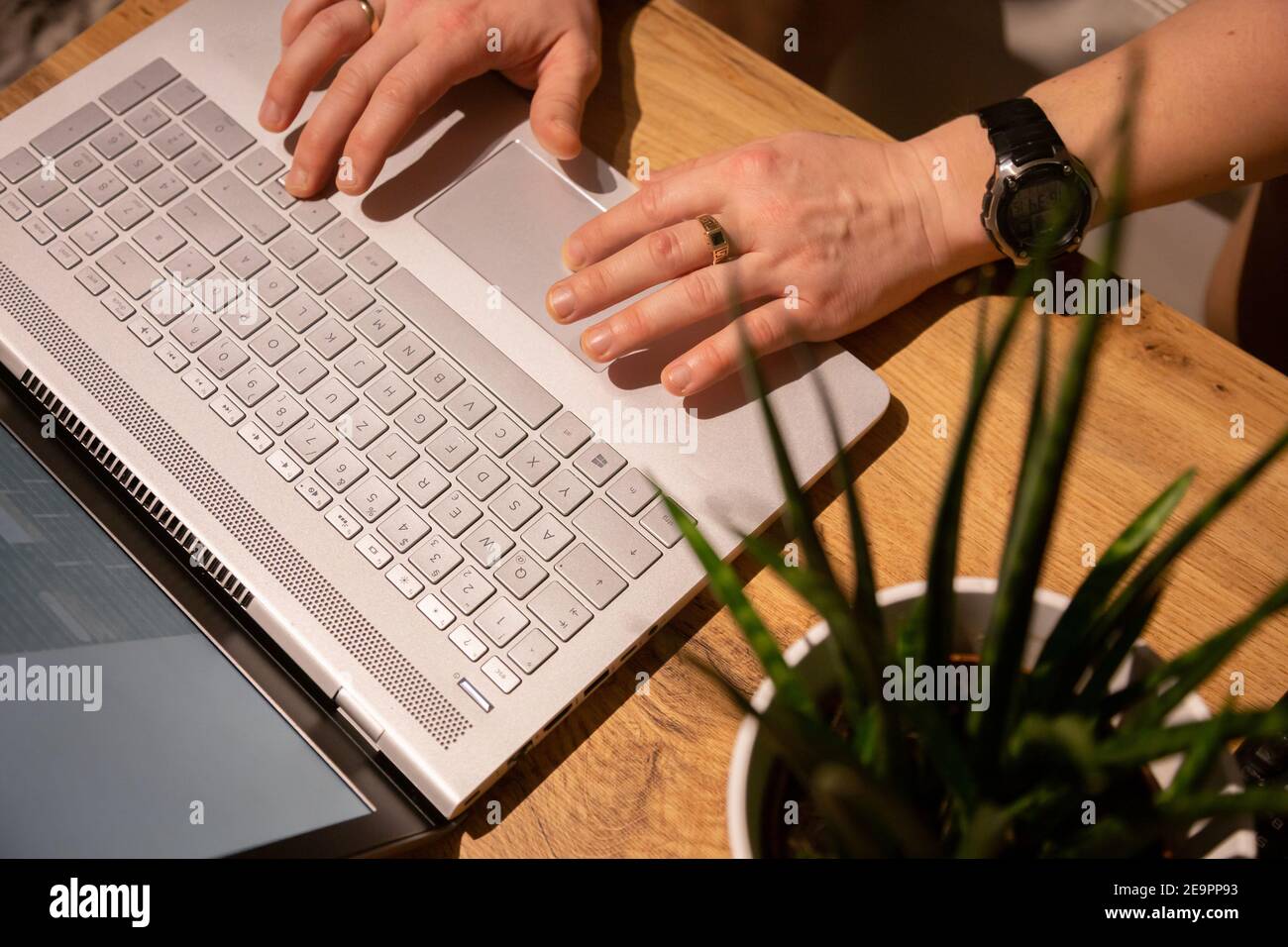 Un hombre en casa trabaja en una computadora, trabaja desde casa, ambiente en casa con una computadora Foto de stock