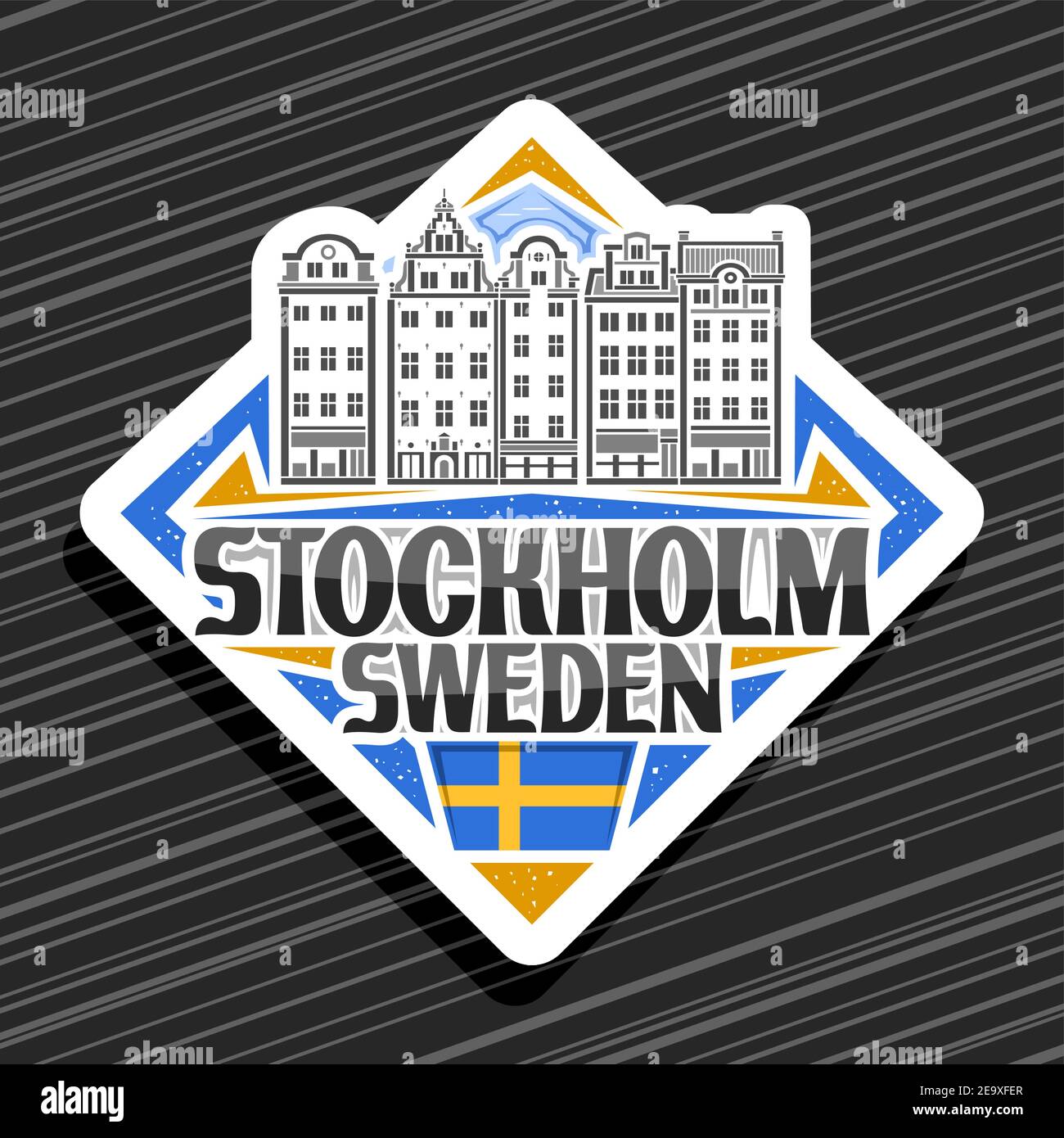 Vector logo para Estocolmo, blanco rhombus carretera signo con ilustración de línea de la ciudad de estocolmo paisaje en el día cielo fondo, decorativo nevera imán con Ilustración del Vector