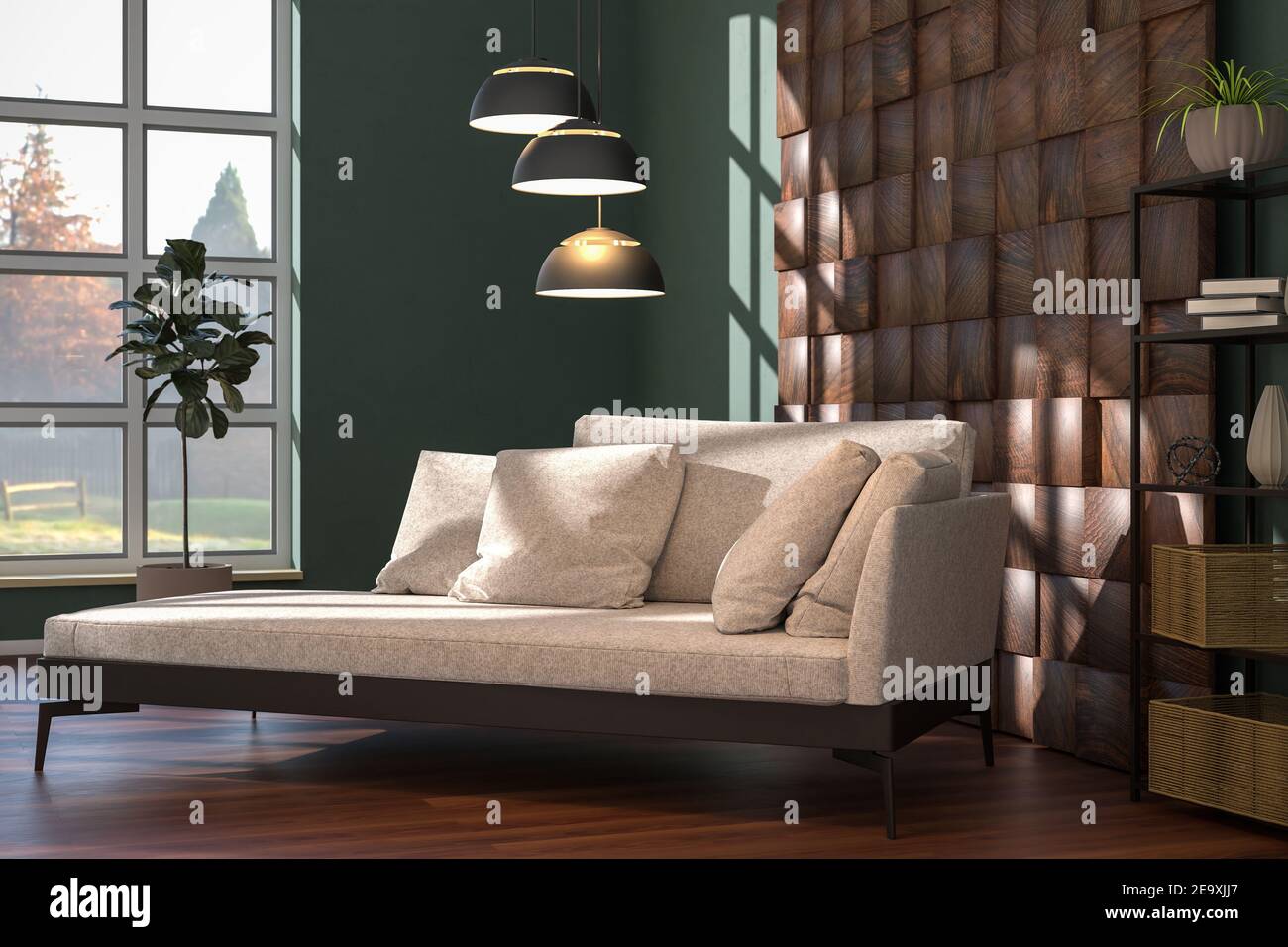 Sala de estar con sofá estilo chaiselongue, higuera, estante, lámpara de  techo y elemento de pared con paneles de madera Fotografía de stock - Alamy