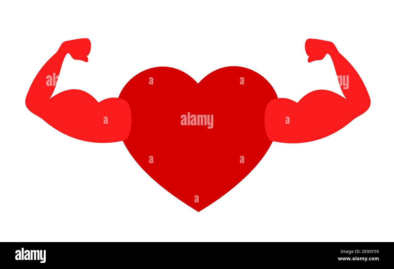 Corazón sano y en forma con músculos fuertes. Salud del sistema cardiovascular. Poder y fuerza del corazón amoroso. Ilustración vectorial aislada sobre blanco. Foto de stock