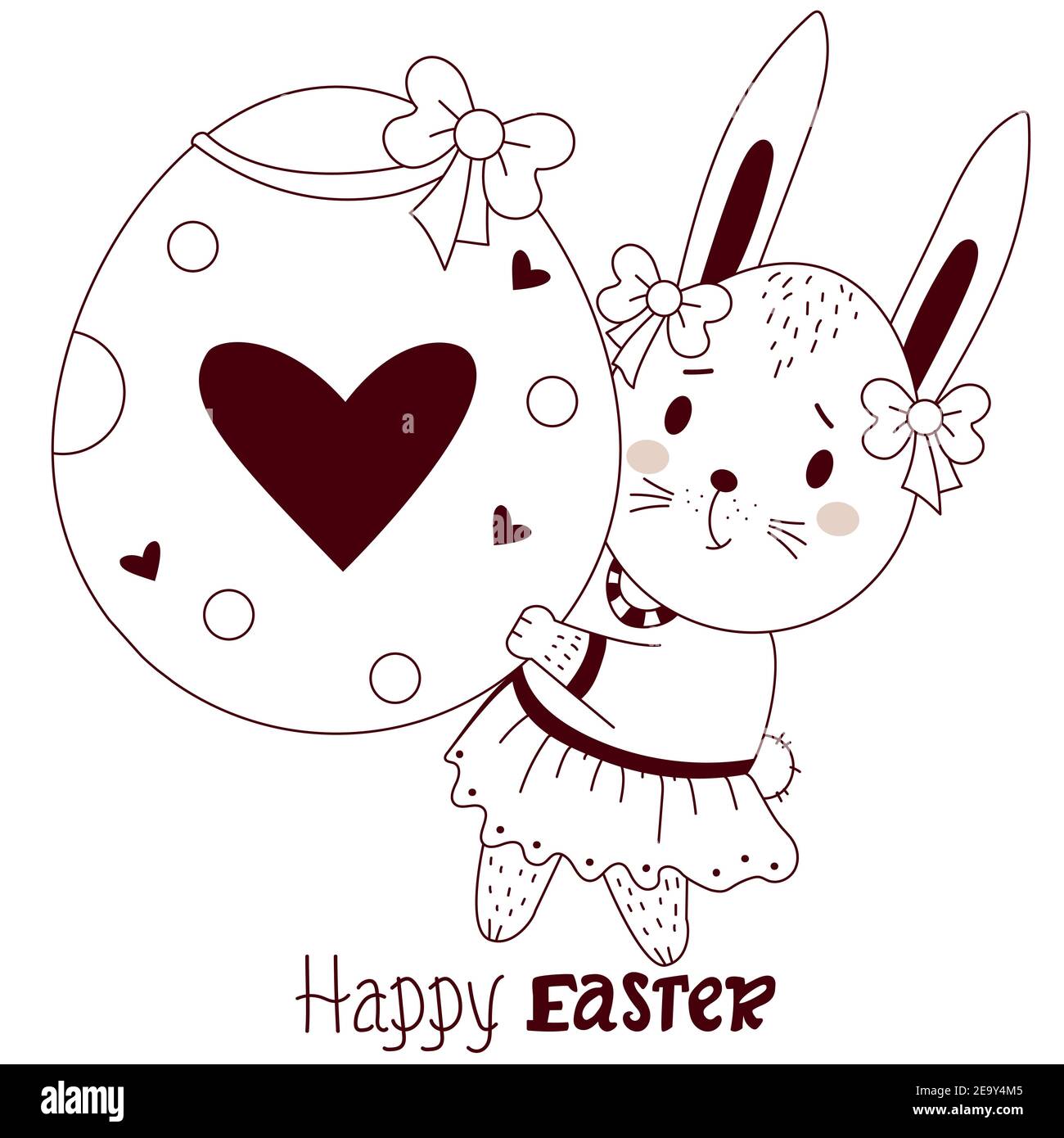 Feliz tarjeta de Pascua con conejito de Pascua. Una linda chica de liebre con un gran huevo de Pascua en sus patas y lazos en sus orejas. Vector, contorno. Lindo animal para feliz Ilustración del Vector