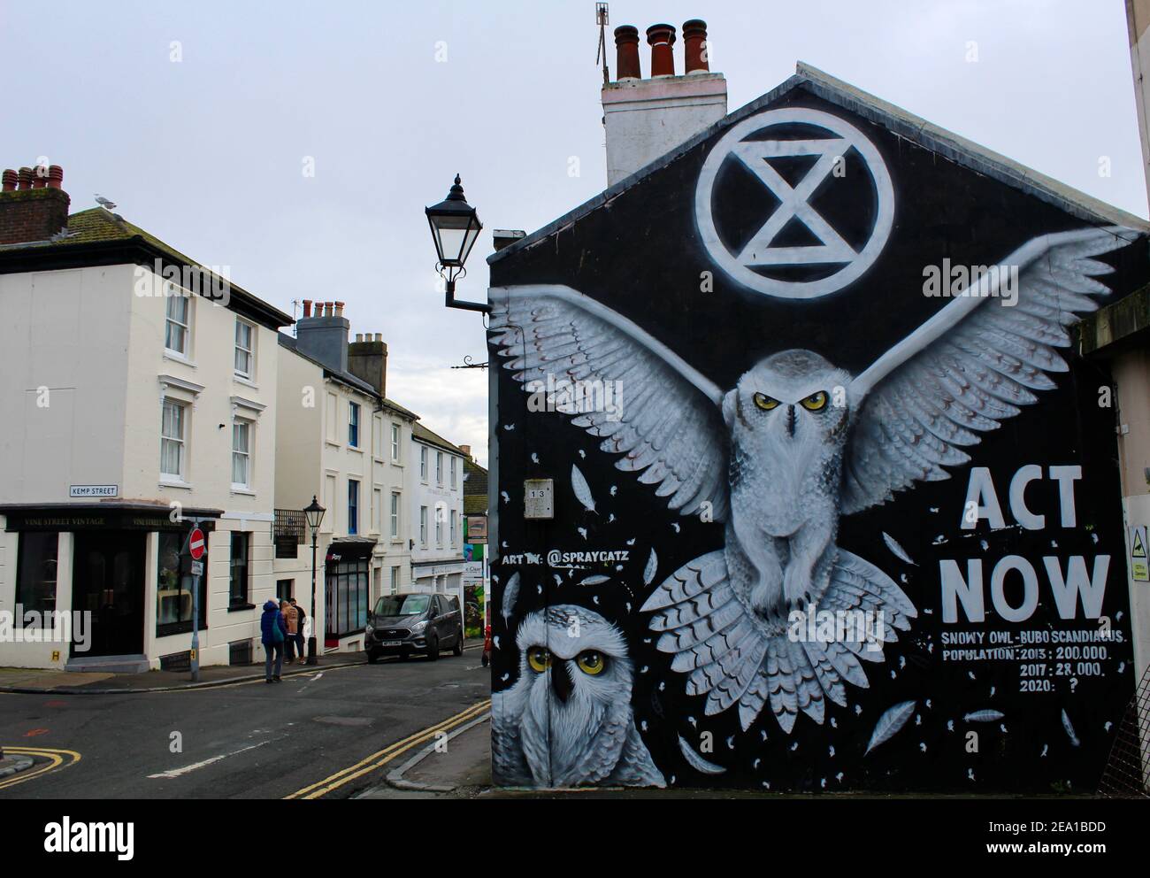 Brighton Wall art abogando a la gente para que actúe ahora para proteger el medio ambiente. Cuenta con un búho de nieve y el símbolo de la rebelión de extinción. Foto de stock