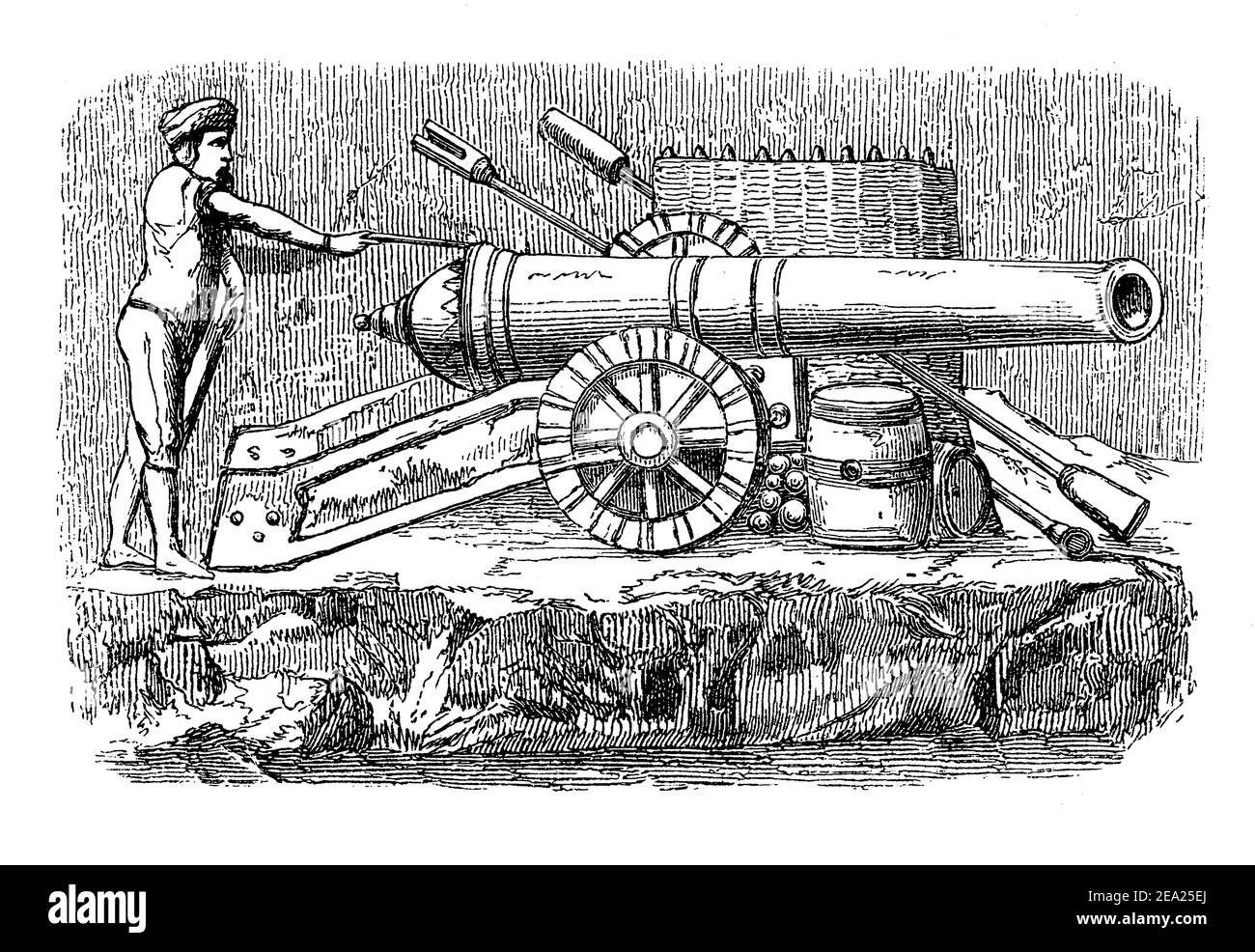 Capítulo final tipográfico, vignette medieval antigua decorando un libro sobre la historia de la artillería con un soldado de infantería disparando un cañón de rueda montado Foto de stock