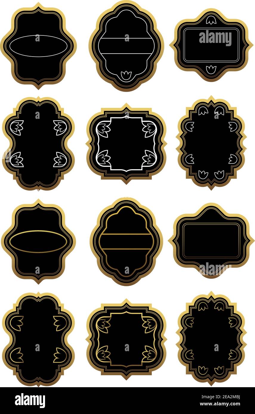 Conjunto de oro y negro diseño de etiquetas alimentos y bebidas Imagen Vector de stock - Alamy