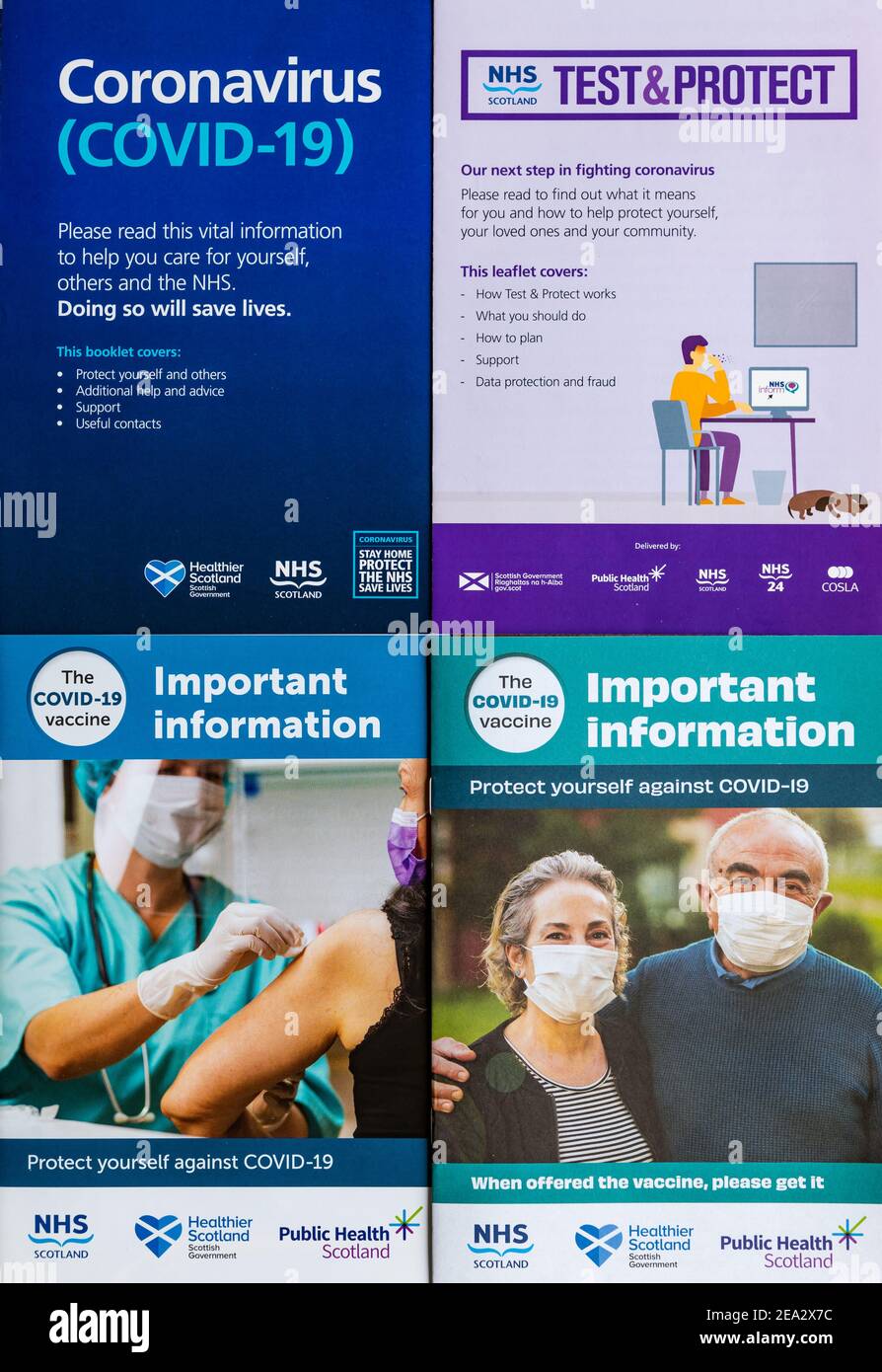 Folletos de asesoramiento del Reino Unido y el Gobierno escocés durante la pandemia del coronavirus Covid-19, Escocia, Reino Unido Foto de stock