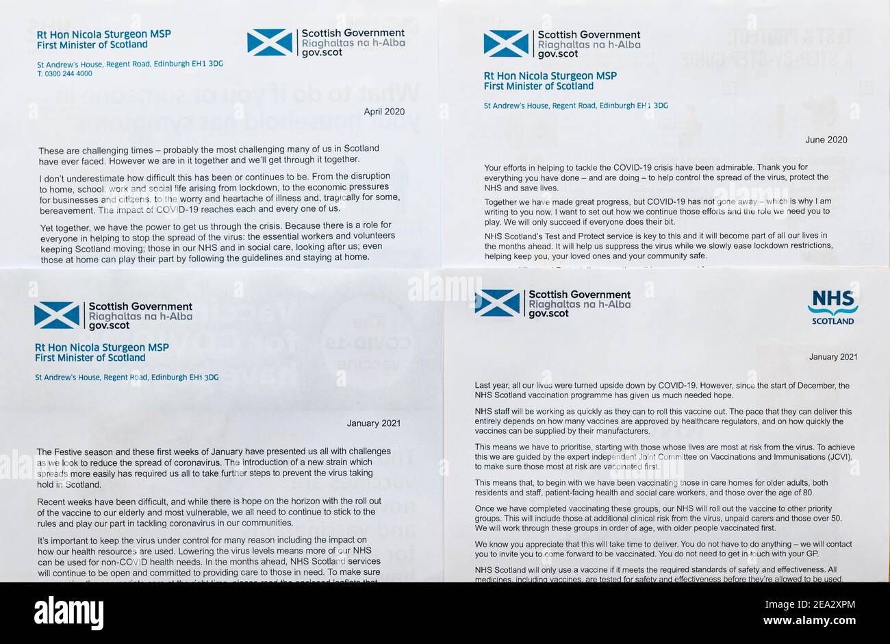 Cartas del Reino Unido y del Gobierno escocés de Nicola Sturgeon primer Ministro durante la pandemia del coronavirus Covid-19, Escocia, Reino Unido Foto de stock