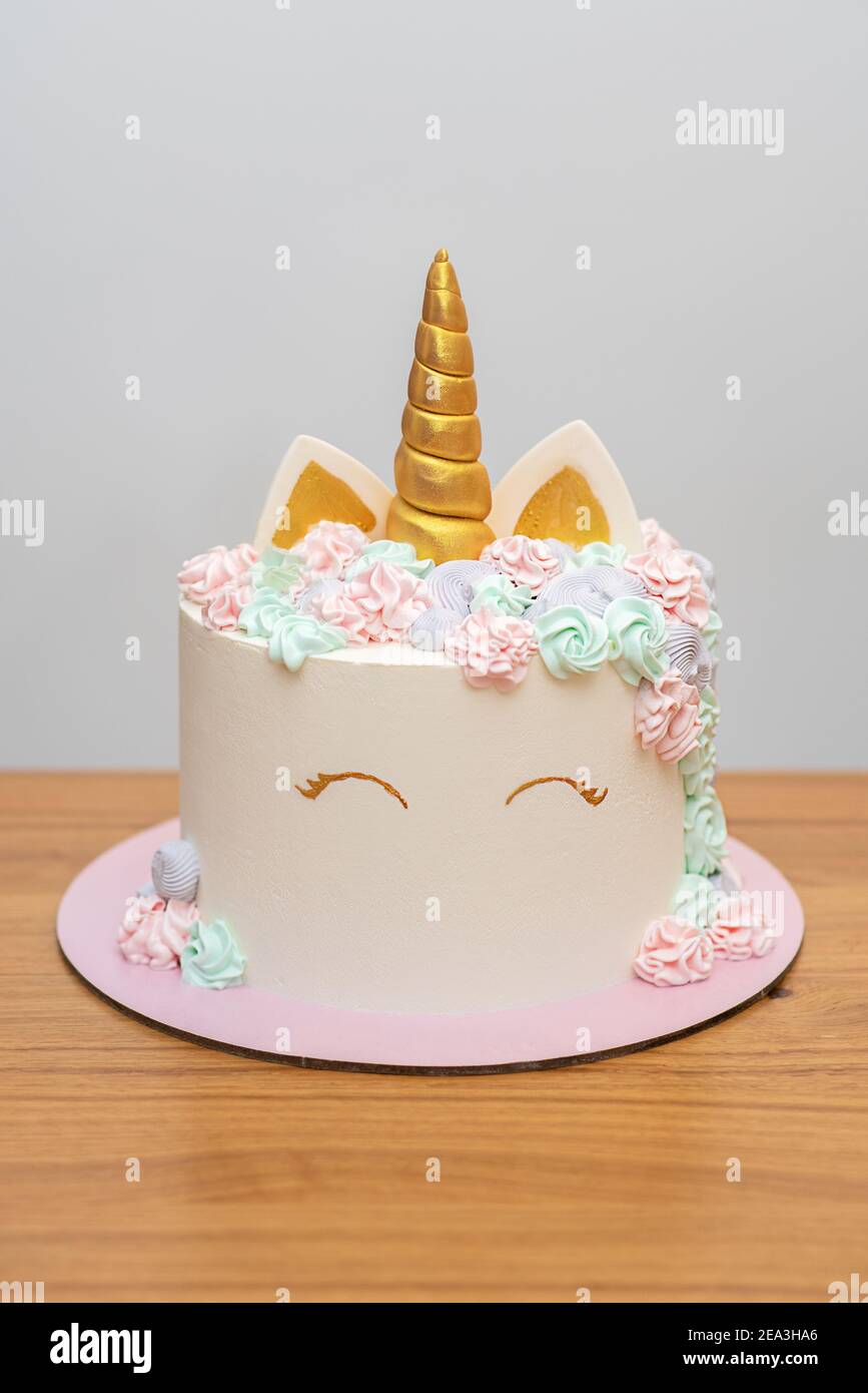 Fiesta de cumpleaños de los niños pastel unicornio en una mesa Fotografía  de stock - Alamy