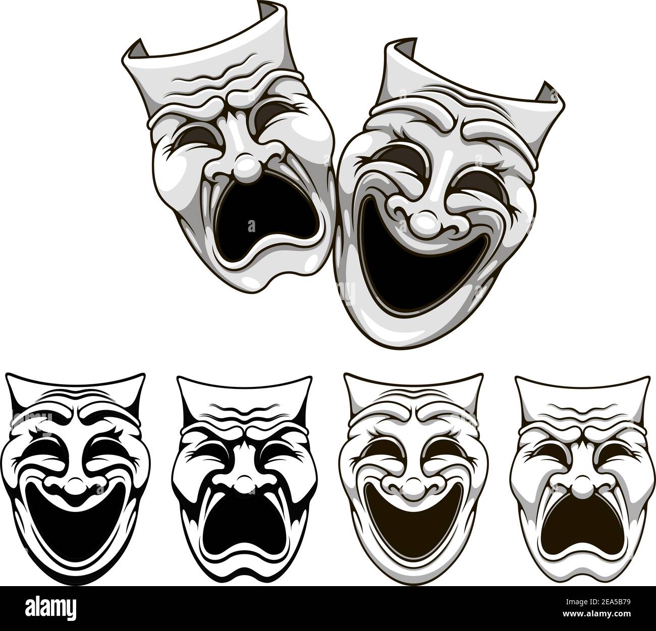 Drama y comedia máscaras de teatro en estilo de dibujos animados Imagen  Vector de stock - Alamy