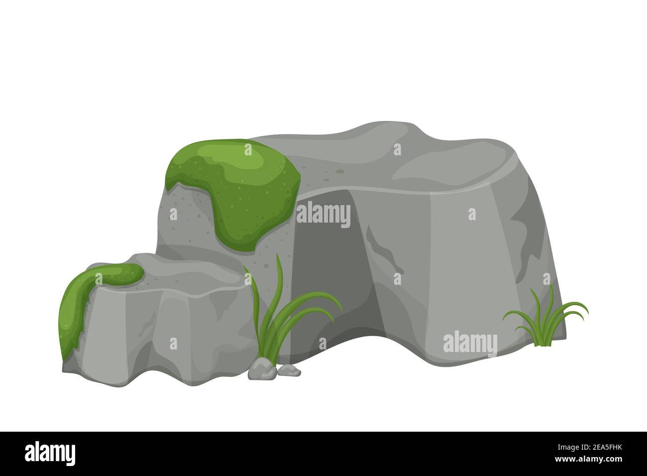 Piedra, roca con musgo y hierba aisladas sobre fondo blanco. Elemento de piedra grande, bloque de granito para juegos de iu, decoración, clipart en estilo de dibujos animados. V Ilustración del Vector