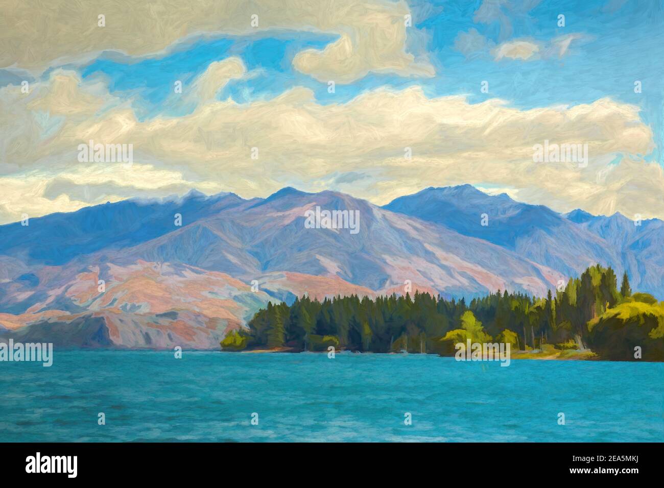 Pintura digital de montañas y árboles al otro lado del lago Wakatipu, Nueva Zelanda. Foto de stock