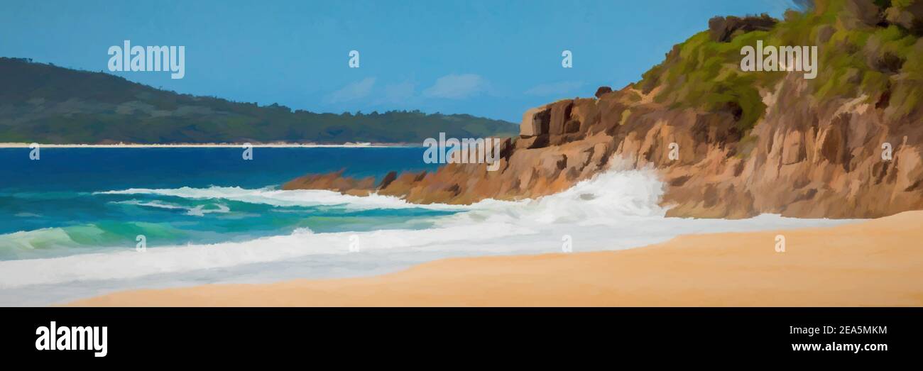 Pintura digital de Zenith Beach, Nueva Gales del Sur, Australia, mostrando el afloramiento rocoso y las olas en tierra. Foto de stock