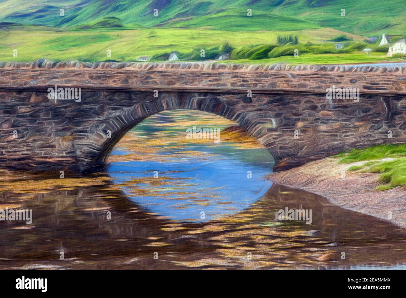 Pintura digital de un puente reflejado en el agua de un lago en Escocia. Foto de stock