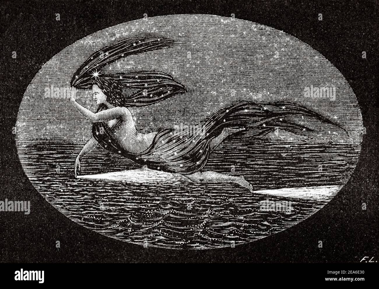 Sirena de Mar profundo. Antiguo siglo 19 grabado ilustración de el Mundo ilustrado 1879 Foto de stock
