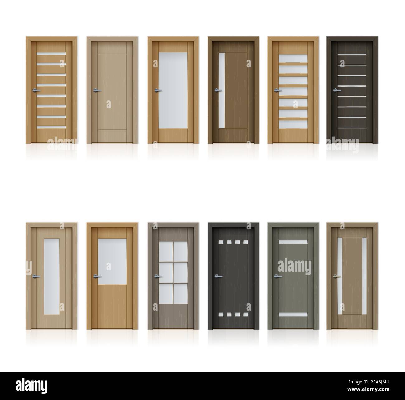 Puertas interiores aisladas vector elementos de diseño realista para la  decoración de la habitación o la oficina, puertas de madera en 3d marrón  con perillas de metal y ventana de cristal Imagen