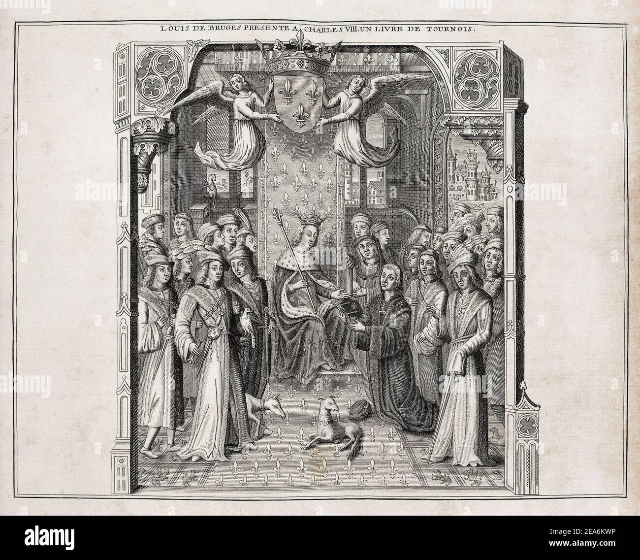 Louis de Brujas Charles VIII presenta un libro sobre los torneos. Louis de Brujas, Señor de Gruuthuse, Príncipe de Steenhuijs, Conde de Winchester (1427 - Foto de stock