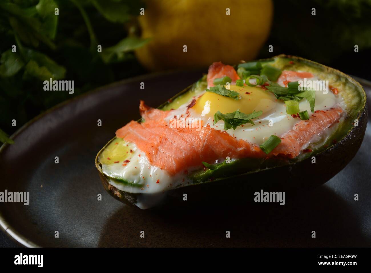 Salmón ahumado al horno, huevo en aguacate, keto keto ketogenico bajo carb  dieta de alimentos Fotografía de stock - Alamy