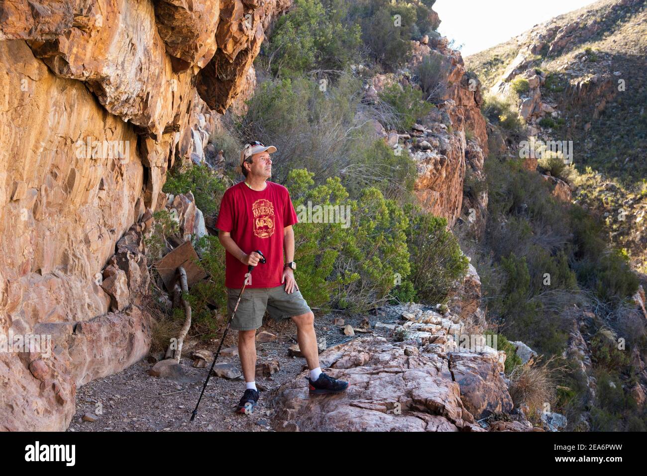 Excursionistas en la cueva de arte rupestre de San en Cedar Falls, Baviaanskloof, Sudáfrica Foto de stock
