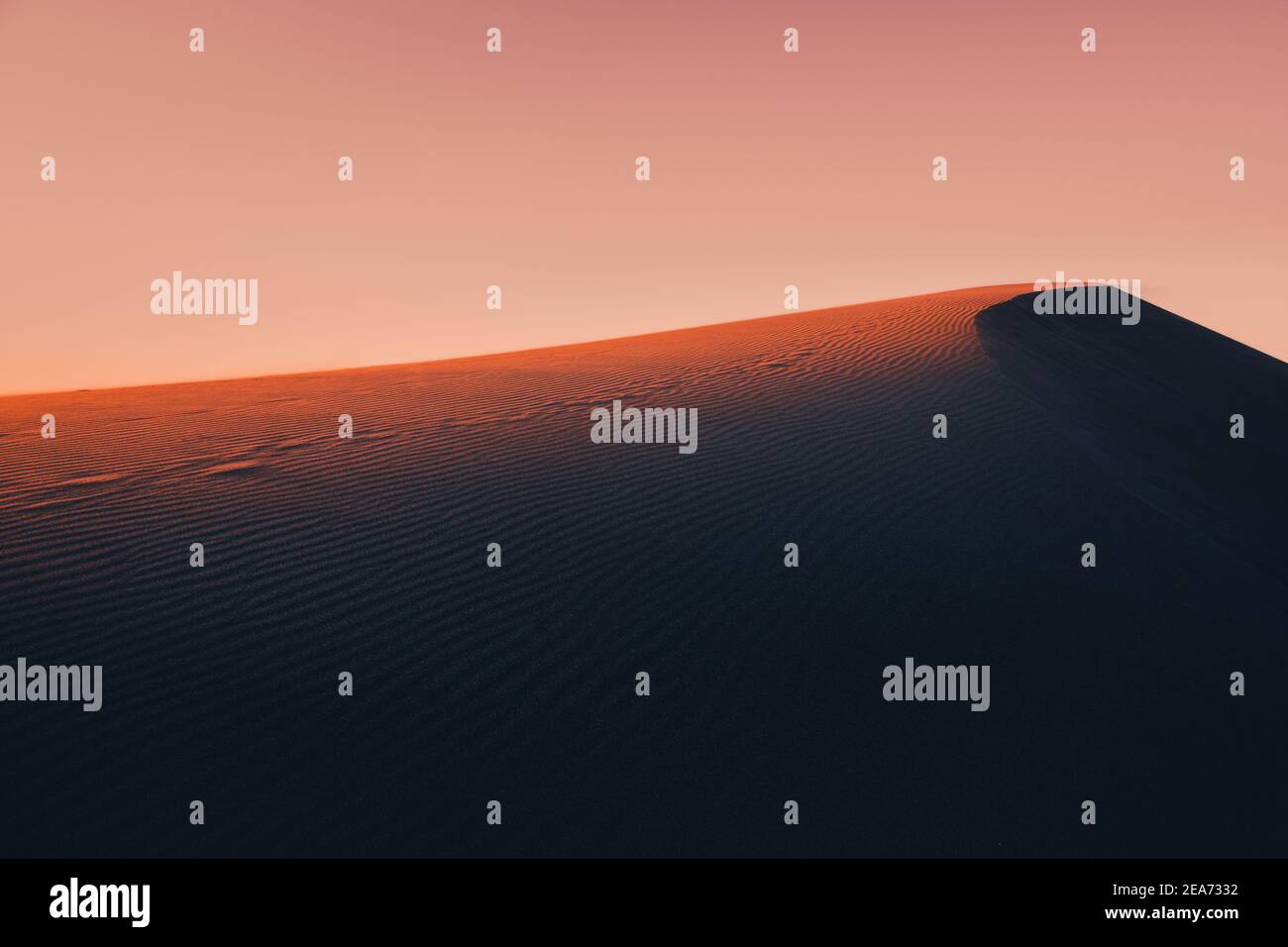 La luz ambiental y mística de la luz del sol de la puesta de sol se ilumina la pendiente de una duna de arena en alguna parte en las profundidades Del desierto del Sáhara Foto de stock