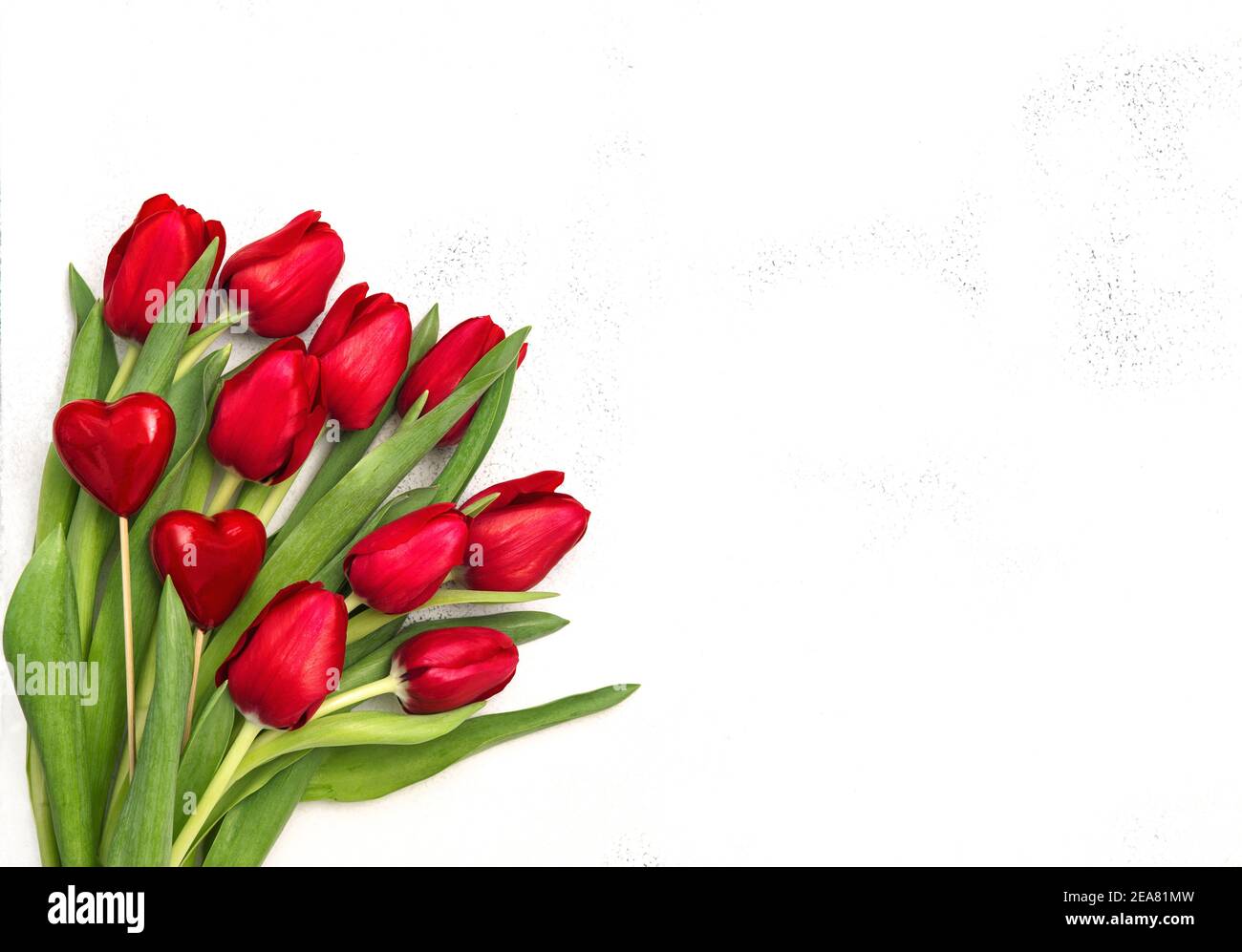 Los corazones rojos tulipanes flores sobre fondo brillante. Decoración del día de San Valentín Foto de stock