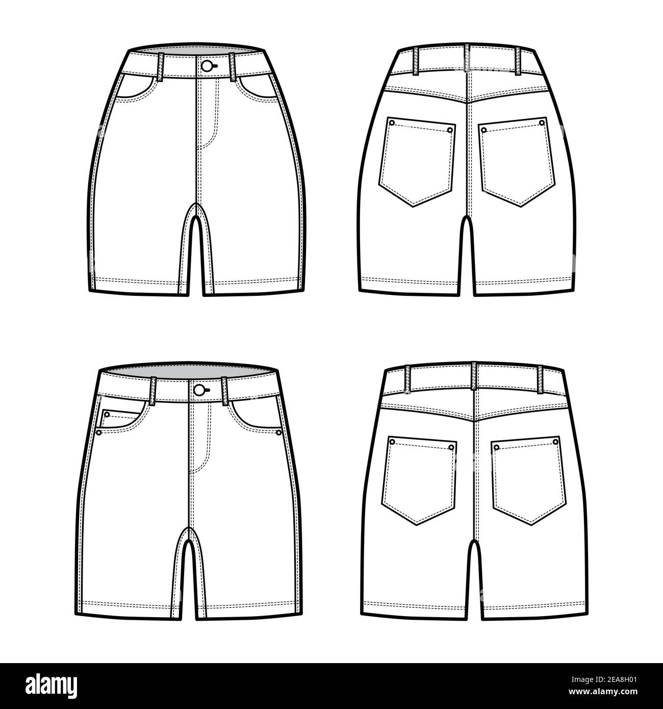 Conjunto pantalones cortos denim ilustración técnica de moda con media muslo, cintura baja normal, talle bajo alto, 5 bolsillos. Plantilla de fondo plano en la parte delantera, trasera, estilo de