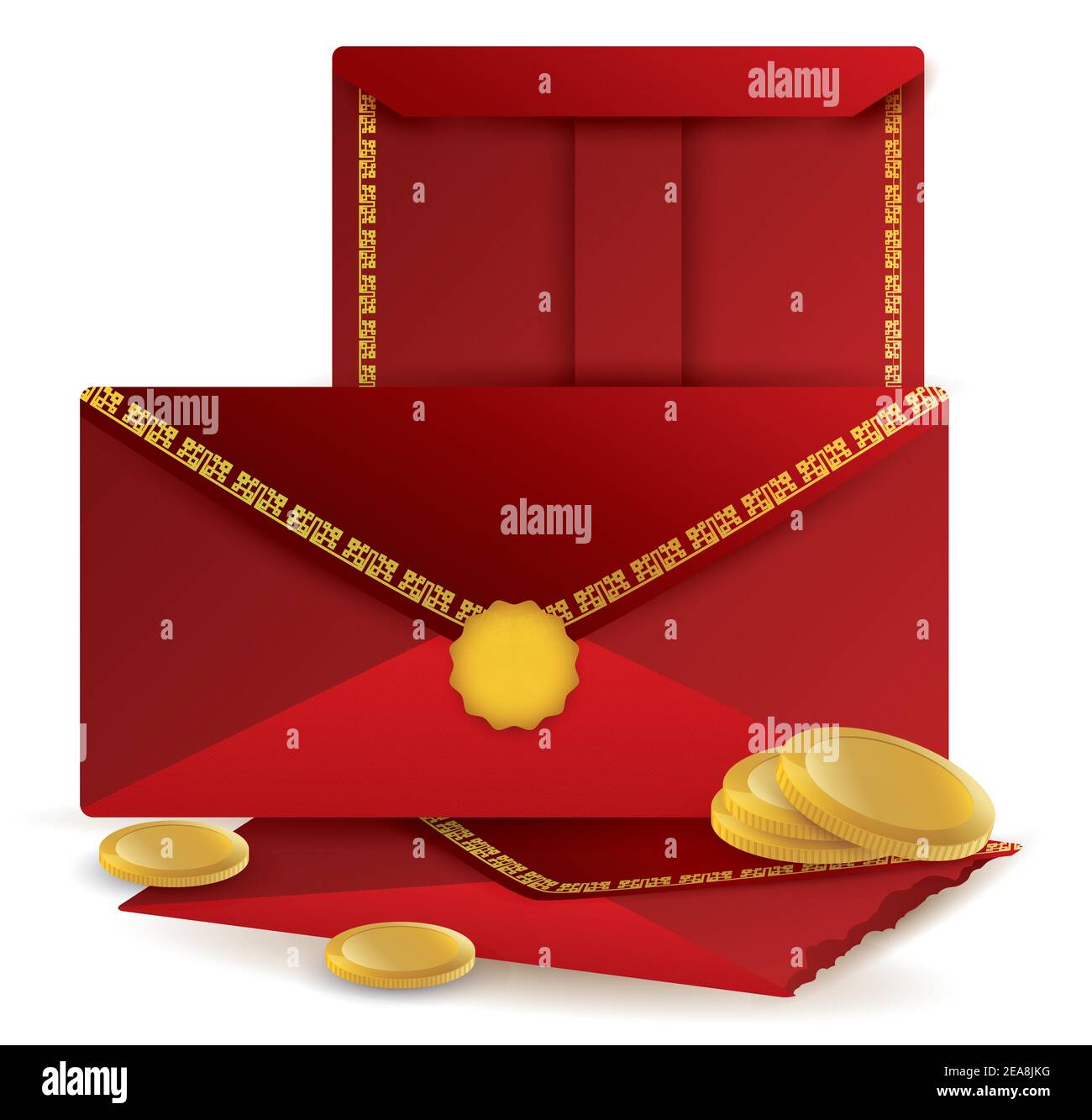Escena con sobres rojos decorados con patrones y monedas de oro aisladas  sobre fondo blanco, para celebrar el año Nuevo Chino Imagen Vector de stock  - Alamy
