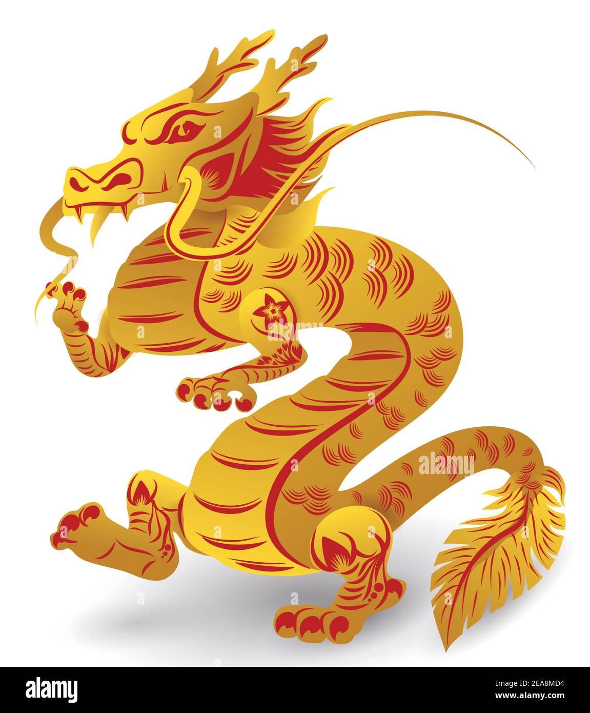 Impresionante dragón de Zodiac chino con largos susurros, garras, cola emplumada y de pie en sus patas traseras, decorado con flores, líneas, dorado y. Ilustración del Vector